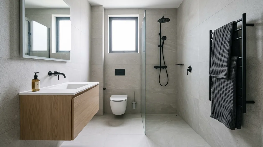 Gerenoveerde badkamer met moderne tegels en inloopdouche
